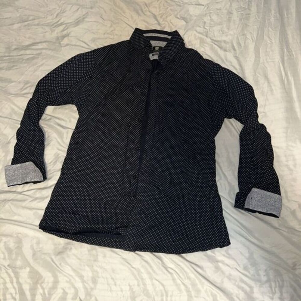 Steel Jelly Shirt Men Size L Blue All Over Print Button Up Long‎ Sleeve Cotton